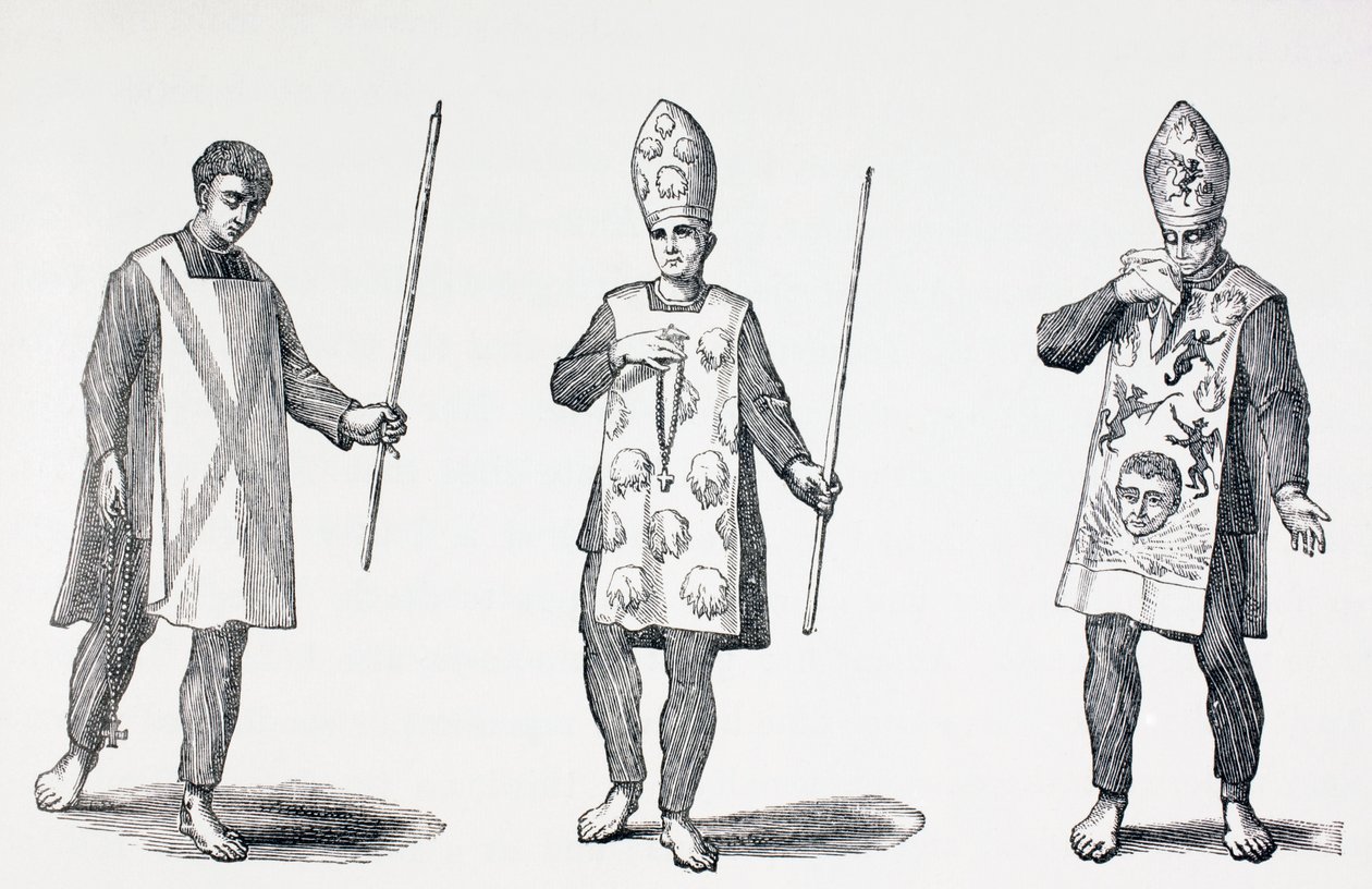 Sambenitos noszone przez pokutników Auto-da-Fe, z „Życia wojskowego i religijnego w średniowieczu” Paula Lacroix, opublikowanego w Londynie ok. 1880 r. autorstwa French School