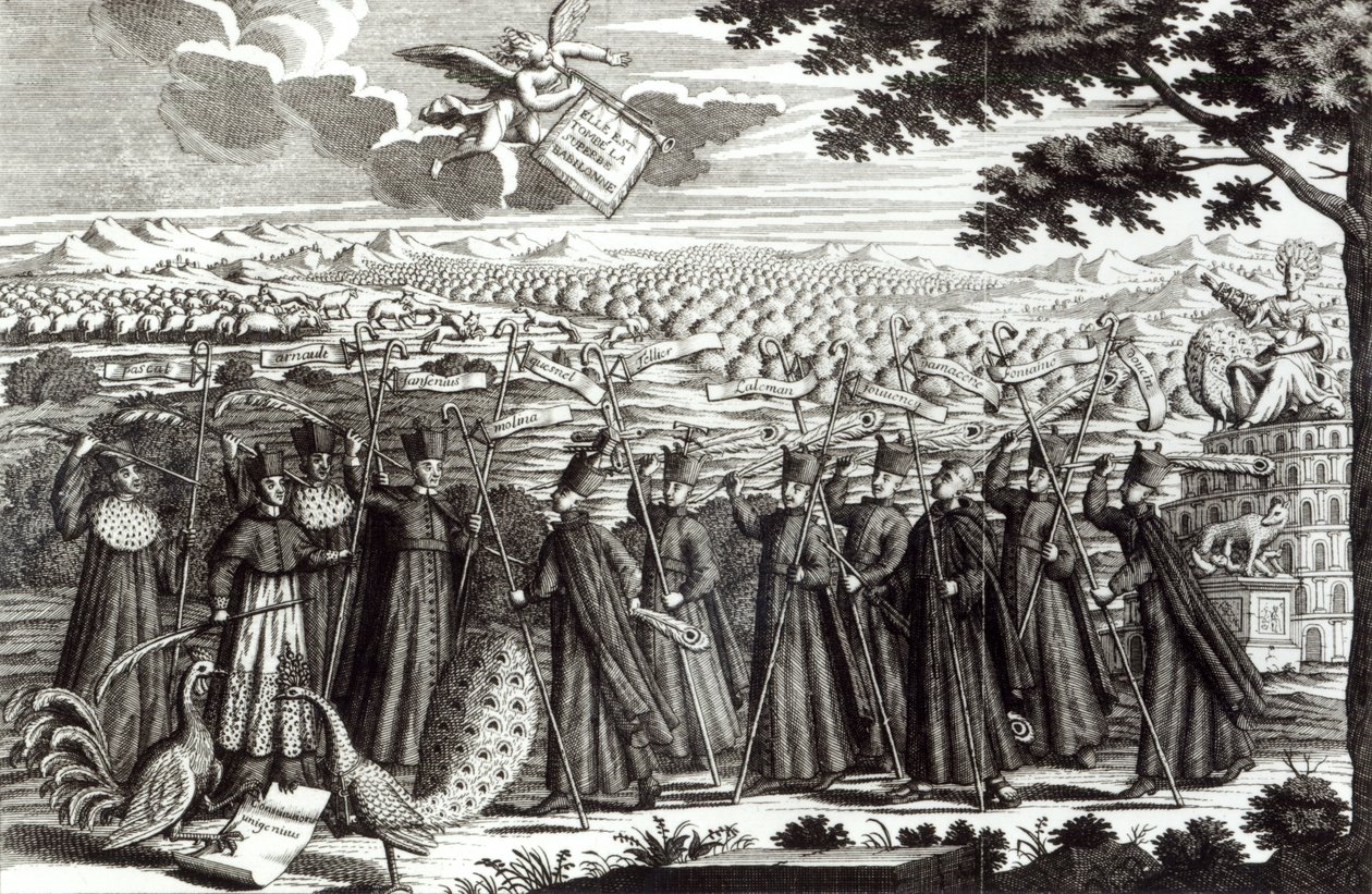 Rycina satyryczna przedstawiająca Bullę „Unigenitus Dei Filius” oraz walkę jansenistów z jezuitami, 1714 autorstwa French School