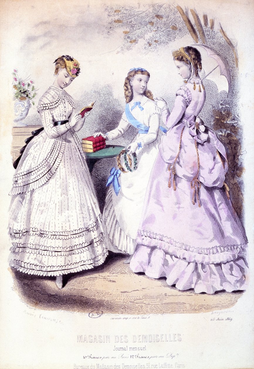 Uczennice po ceremonii rozdania nagród, tabliczka z modą reklamująca Magasin des Demoiselles, 1869 autorstwa French School
