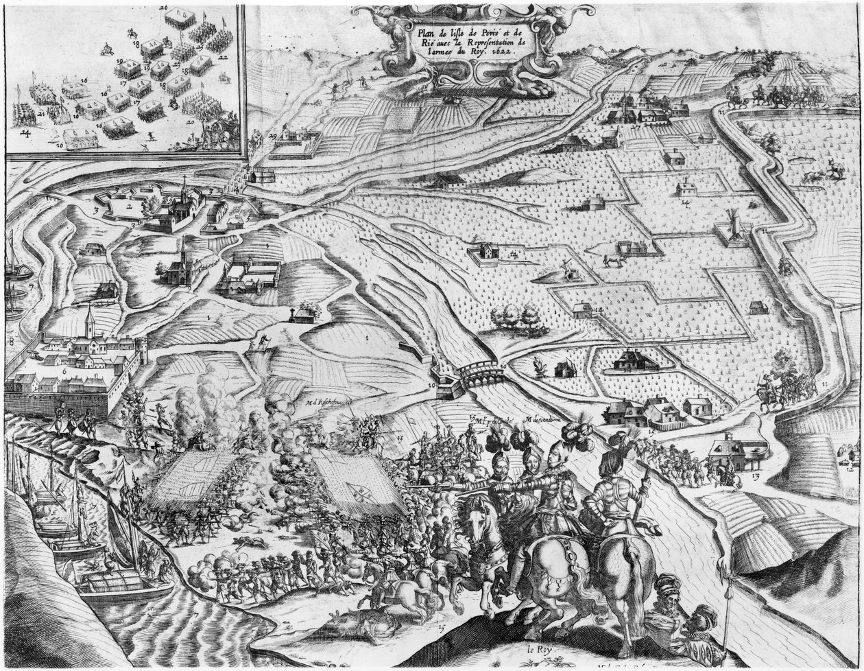 Oblężenie Ile de Re z przedstawieniem armii królewskiej, 1622 r. autorstwa French School