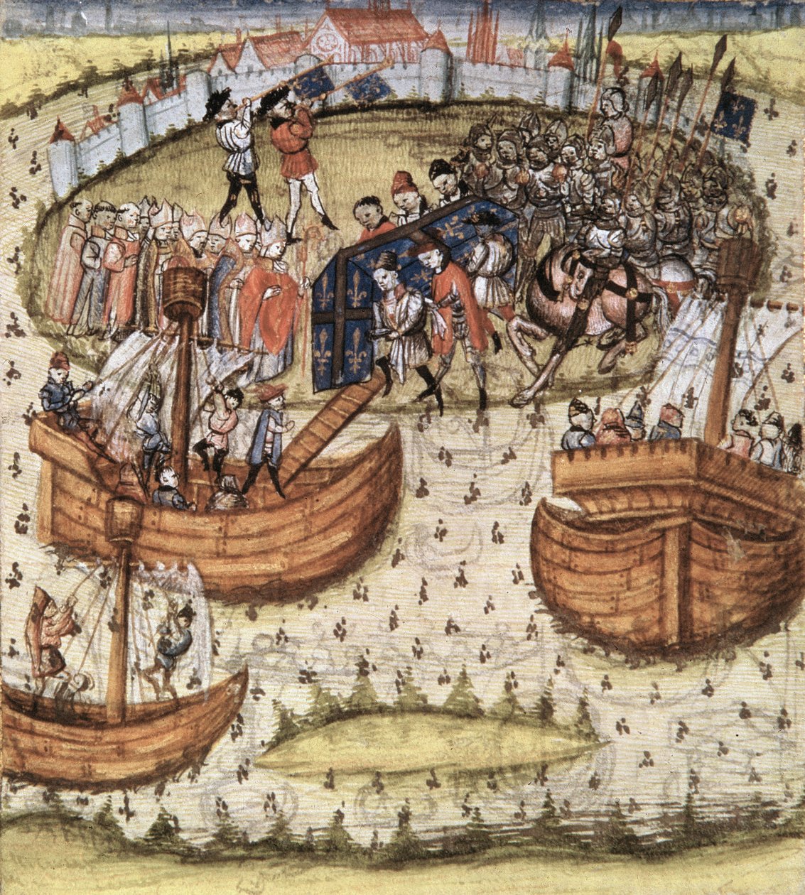 Snark M119: Krzyżowcy ładują trumnę St. Louis na pokład w Tunisie w 1270, z Grandes Chroniques de France, 1450 autorstwa French School
