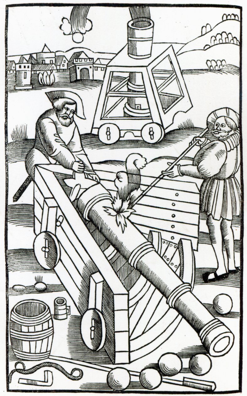 Żołnierze strzelający z armaty, ilustracja do "De re Militari" Publiusa Flaviusa Vegetiusa Renatusa (fl.390), wydrukowana przez Christiana Wechela, Paryż, 1532 autorstwa French School