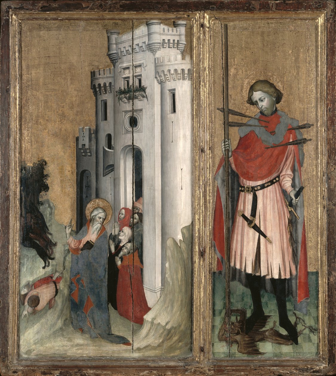 Św. Andrzej ściga demony z miasta Nicea i św. Sebastian, prawy panel ołtarza Thouzona, Szkoła Prowansalska (tempera na panelu) autorstwa French School