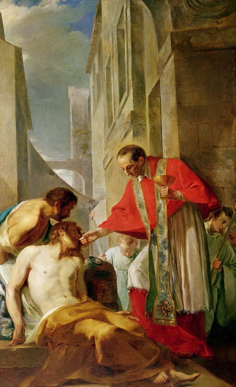 Św. Karol Boromeusz (1538-84) udzielający sakramentu ofierze dżumy w Mediolanie w 1576 r. autorstwa French School