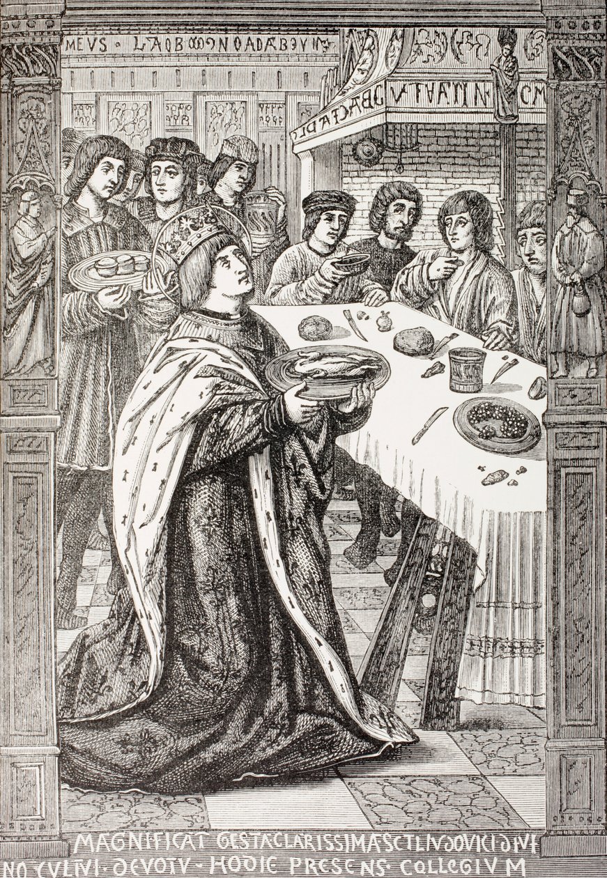 St. Louis, serwujący posiłek ubogim, z „Życia wojskowego i religijnego w średniowieczu” Paula Lacroix, opublikowanego w Londynie ok. 1880 r. autorstwa French School