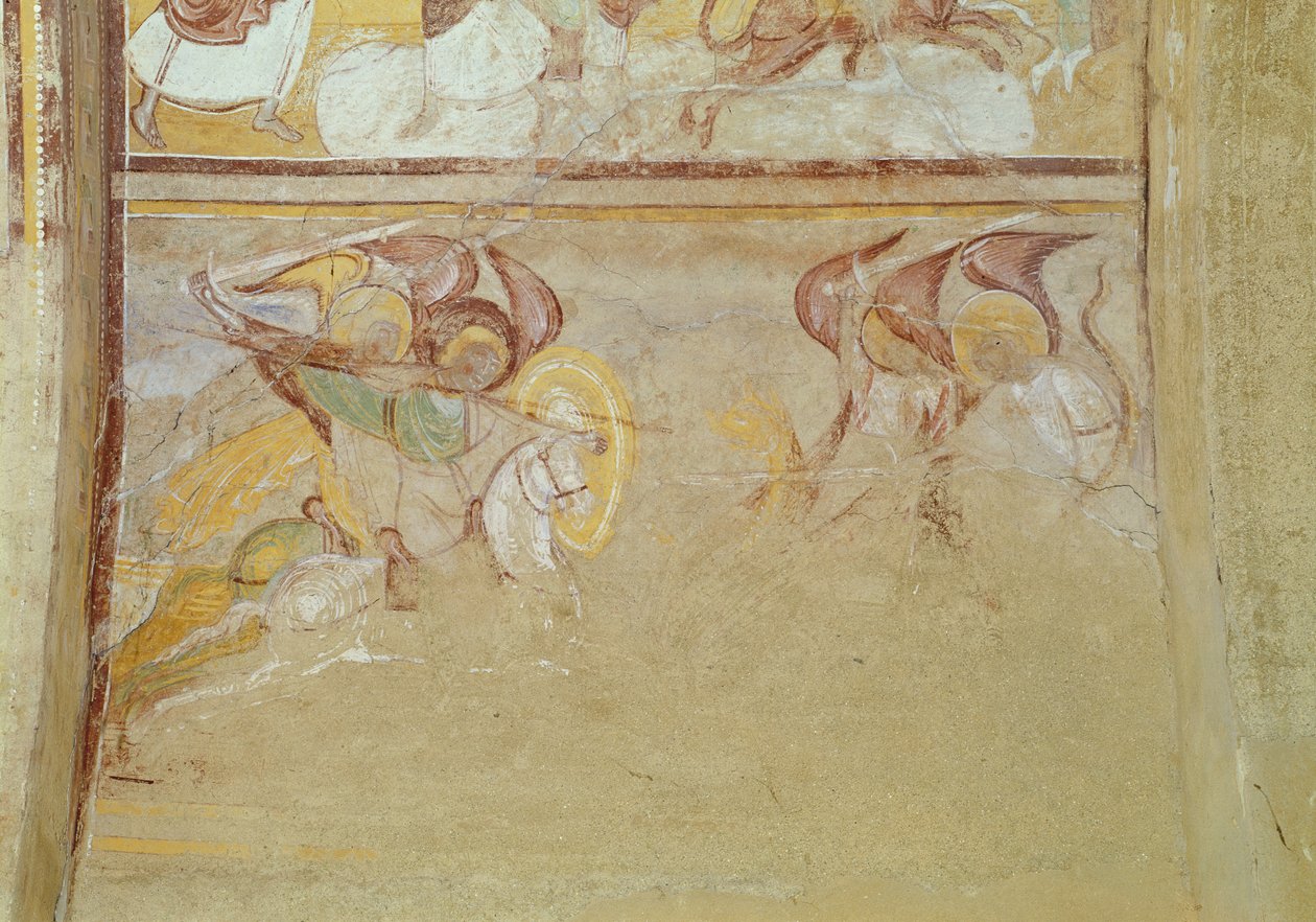 Św. Michał i aniołowie walczą ze smokiem, fragment Apokalipsy z narteksu, ok. 1100 (fresk) autorstwa French School