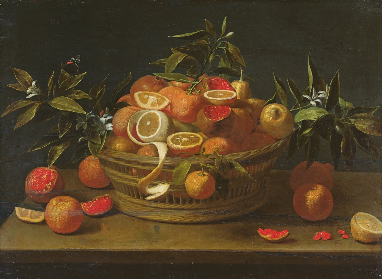 Martwa natura z cytryną, pomarańczą i granatem (olej na drewnie) autorstwa French School