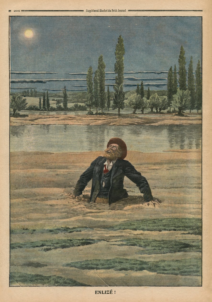 Utknięty w ruchomych piaskach, ilustracja z „Le Petit Journal”, dodatek ilustr., 11 września 1910 r. autorstwa French School