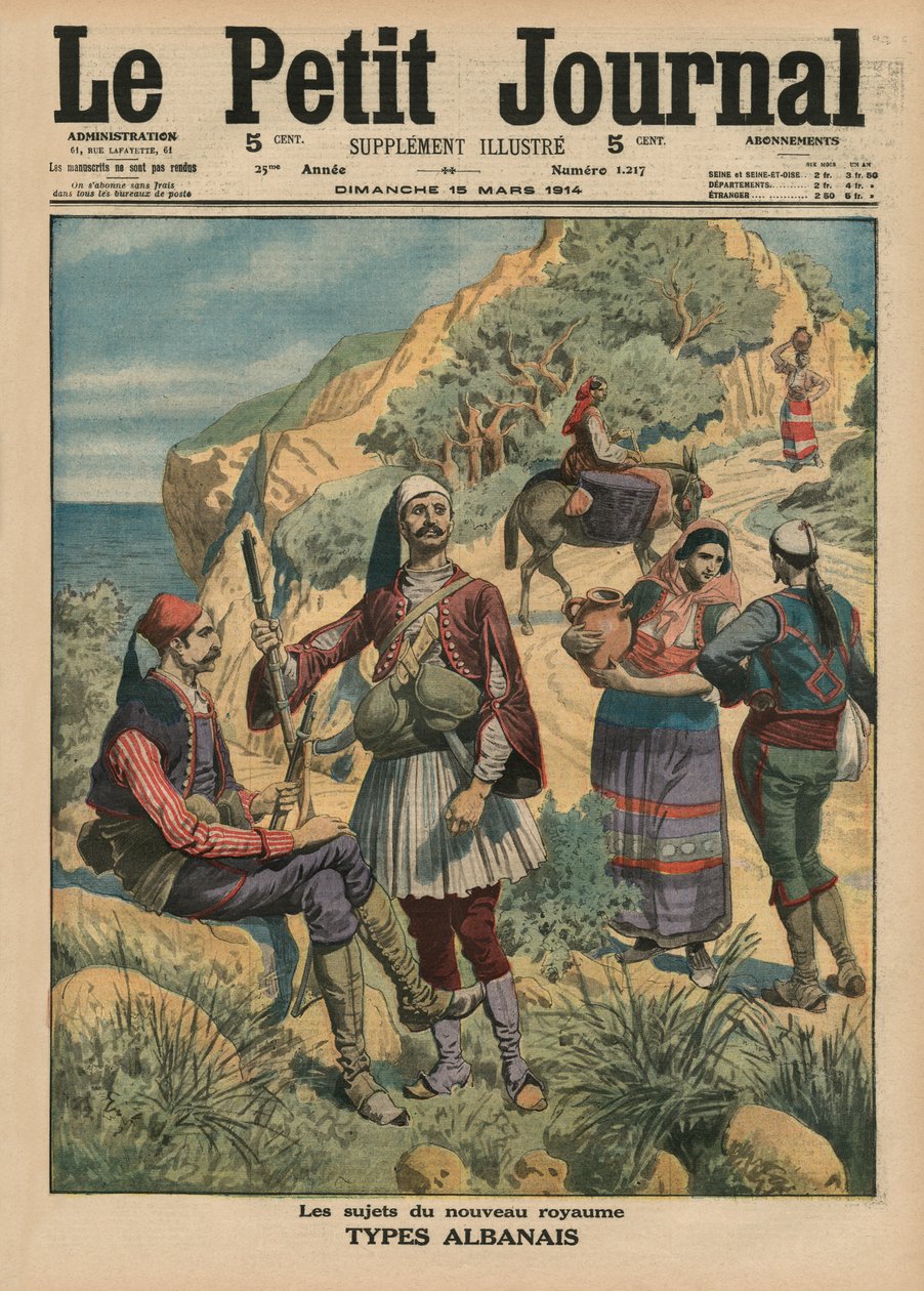 Poddani nowego królestwa, typy albańskie, ilustracja na okładce z „Le Petit Journal”, dodatek illustre, 15 marca 1914 autorstwa French School