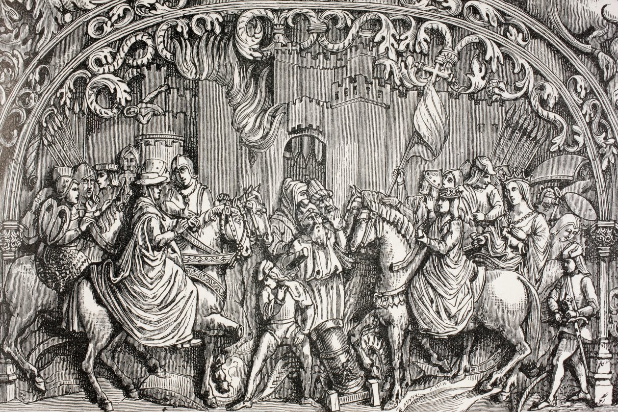 Kapitulacja Montefrio niedaleko Granady w Hiszpanii w 1486 r., z książki Paula Lacroix „Życie wojskowe i religijne w średniowieczu”, opublikowane w Londynie ok. 1880 r. autorstwa French School
