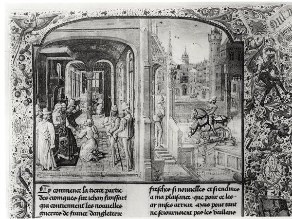 T.III fol.1 Froissart otrzymany w Orthez przez hrabiego Gaston de Foix, któremu przekazuje list od Guy de Blois, z Kroniki Froissarts autorstwa French School