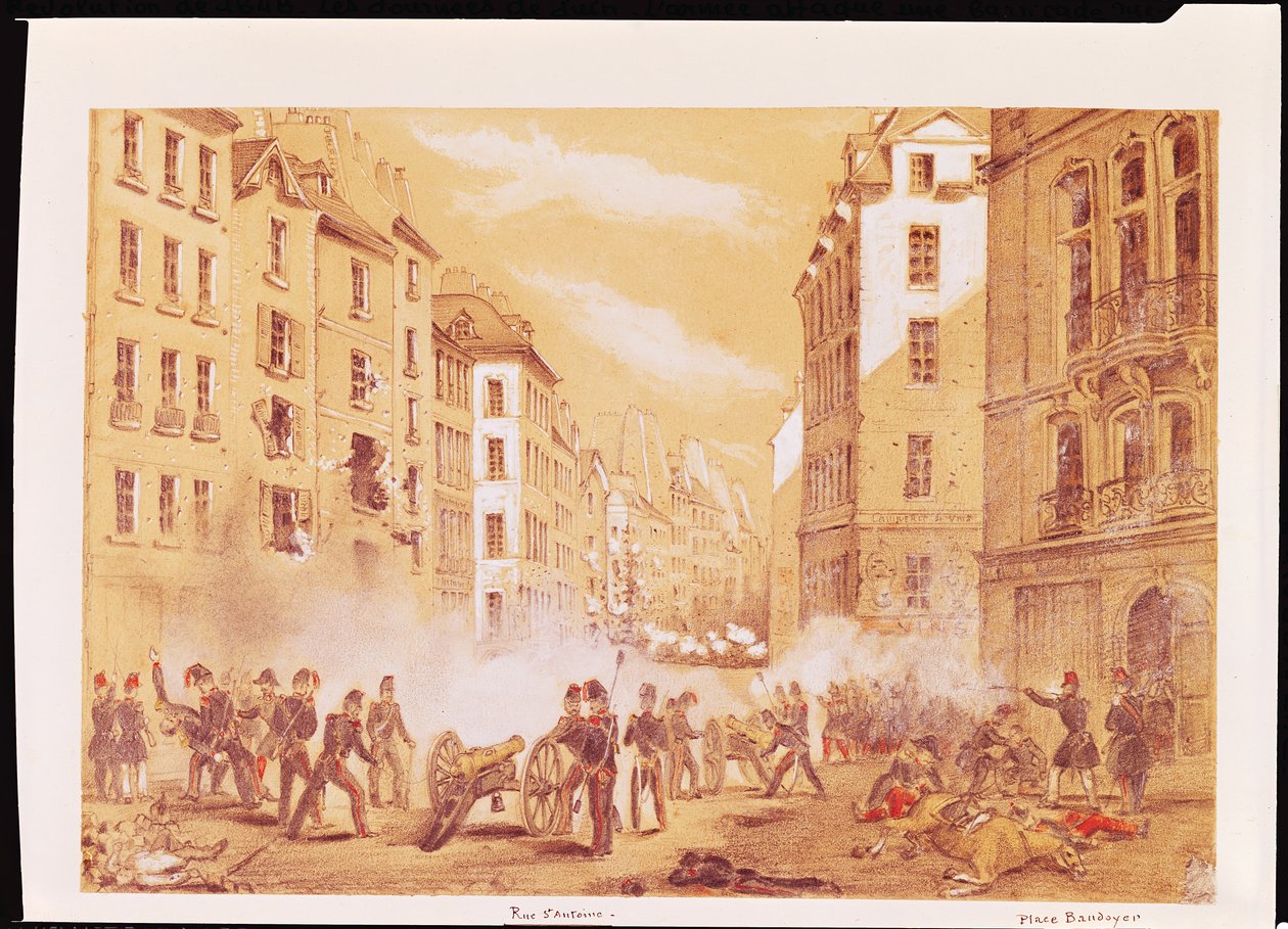 Armia atakująca barykadę przy Rue St. Antoine autorstwa French School