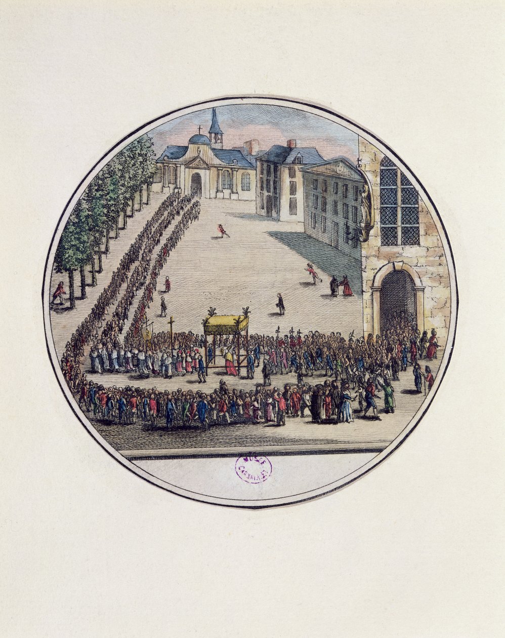 Najświętszy Sakrament niesiony w procesji podczas otwarcia Stanów Generalnych w Wersalu, 5 maja 1789 (kolorowe grawerowanie) autorstwa French School