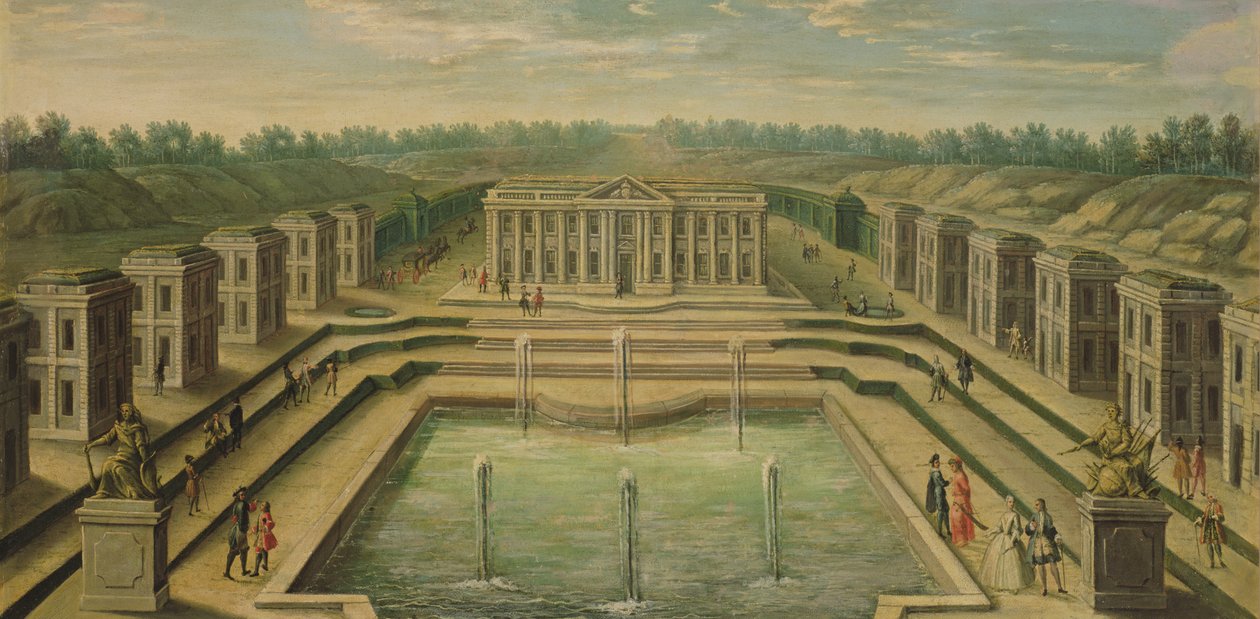 Pałac i Pawilony w Marly z perspektywy ogrodów, początek XVIII w. autorstwa French School