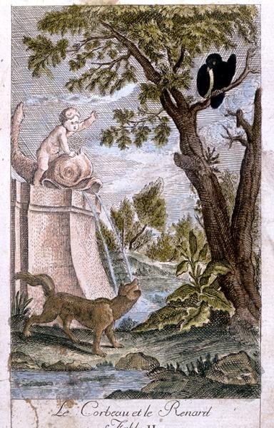 Wrona i lis, ilustracja po bajce Jeana de la Fontaine (1621-95) 1776 autorstwa French School