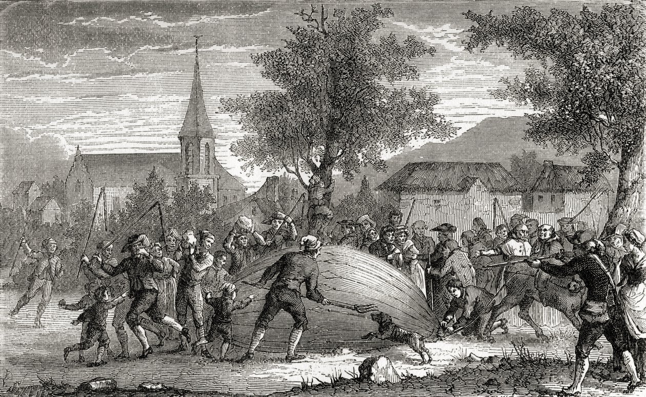 Zniszczenie balonu Karola, Paryż, 27 sierpnia 1783, z „Wonderful Balloon Ascents or the Conquest of the Skies”, autorstwa Fulgence Marion, opublikowanej ok. 1870 r. autorstwa French School