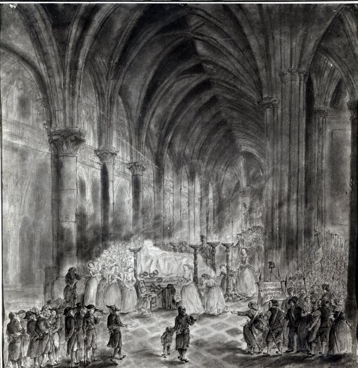 Pogrzeb Jeana Paula Marata (1743-93) w kaplicy Club des Cordeliers, 16 lipca 1793 autorstwa French School