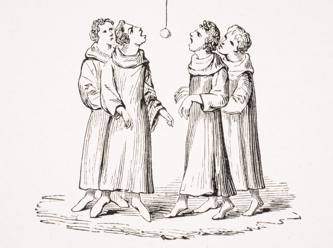 The Game of Bob Apple lub Swinging Apple, reprodukcja z XIV-wiecznego rękopisu, z „Le Moyen Age et La Renaissance” Paula Lacroix (1806-84) opublikowanej w 1847 roku autorstwa French School