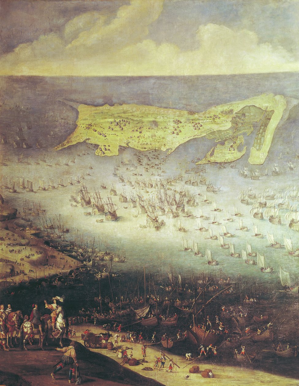 Zniesienie oblężenia Ile de Re, 8 listopada 1627 r. (szczegóły w dokumentach 158116 i 182427) autorstwa French School