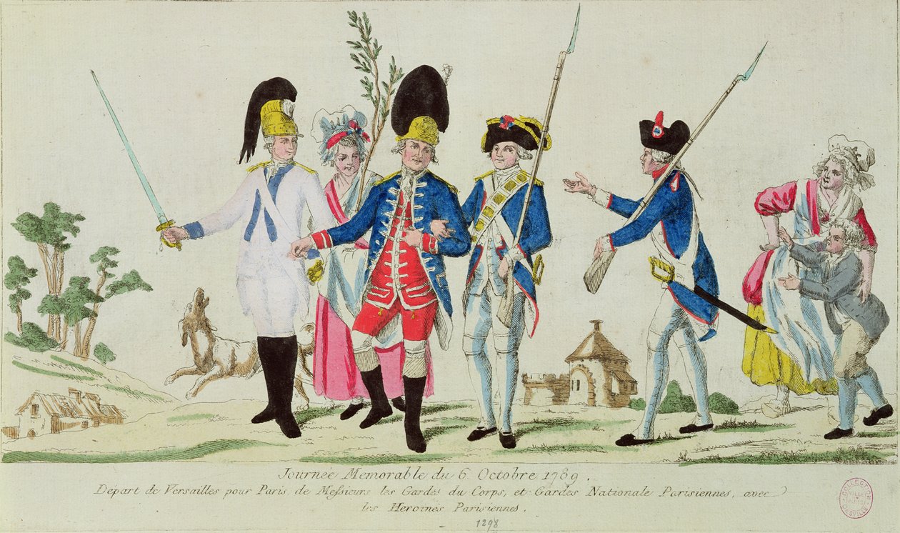 Pamiętny dzień 6 października 1789, wyjazd z Wersalu do Paryża: Gardes du Corps, paryska Gwardia Narodowa i paryskie bohaterki autorstwa French School