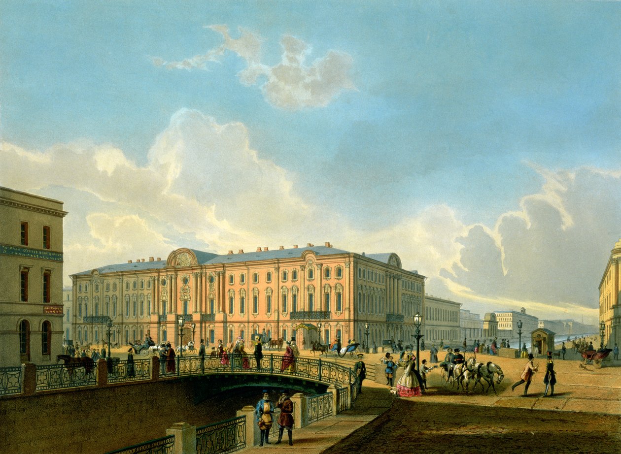The Moyka Embankment and the Police Bridge in St. Petersburg, druk J. Jacottet i Regamey, wyd. Lemercier, Paryż, lata 50. XIX wieku autorstwa French School
