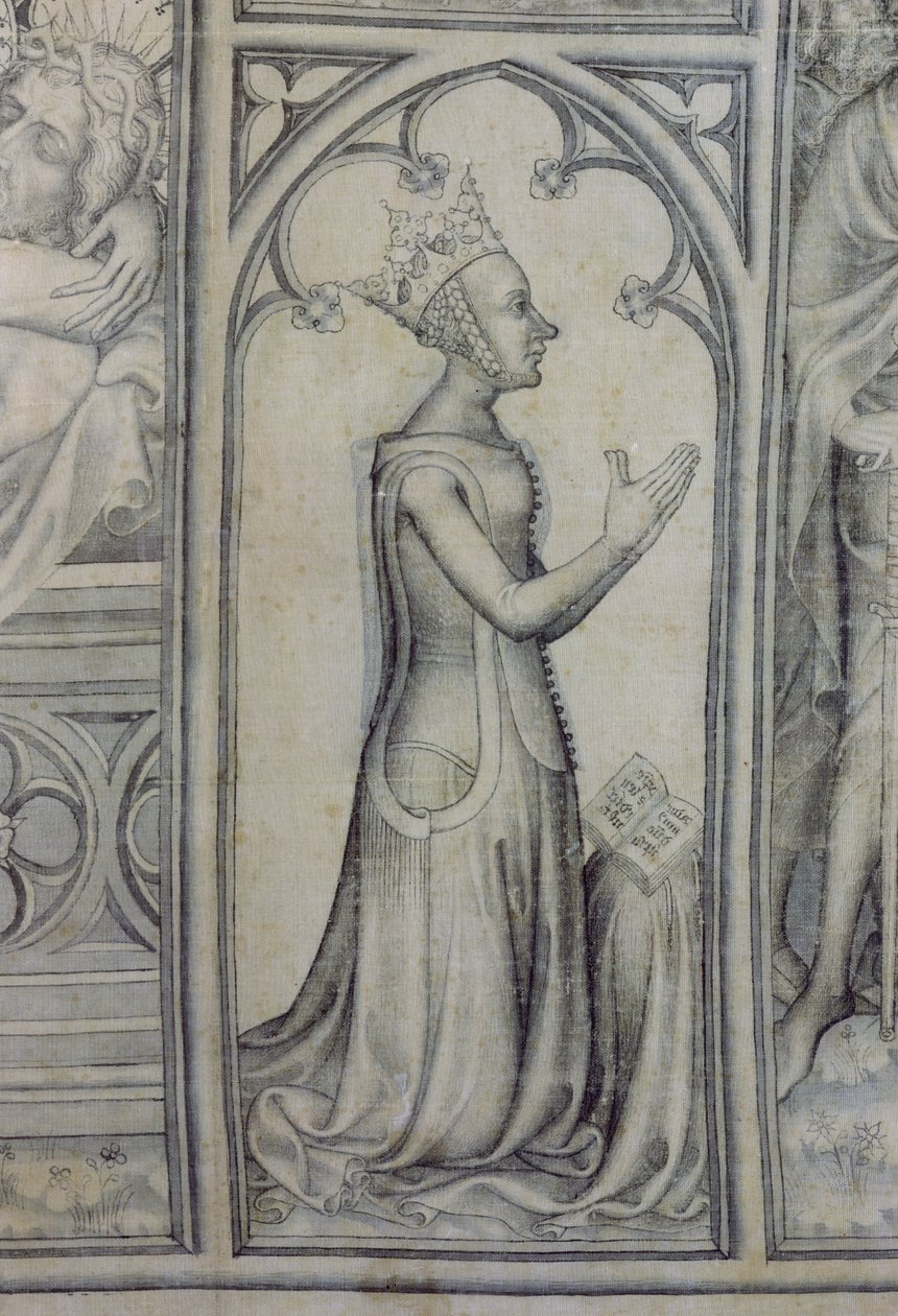 Parement z Narbonne, fragment modlącej się Joanny de Bourbon (1338-77), ok. 1375 (grisaille na jedwabiu) (detal z 83469) autorstwa French School