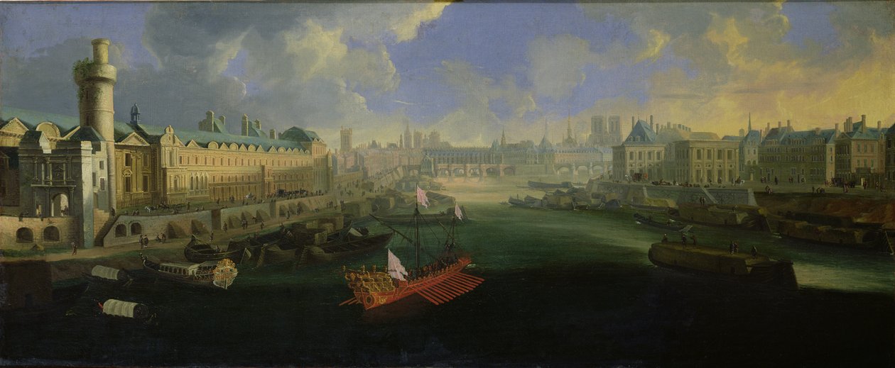 Sekwana, widok na Pont Neuf, Luwr i College Mazarin, ok. 1665 autorstwa French School