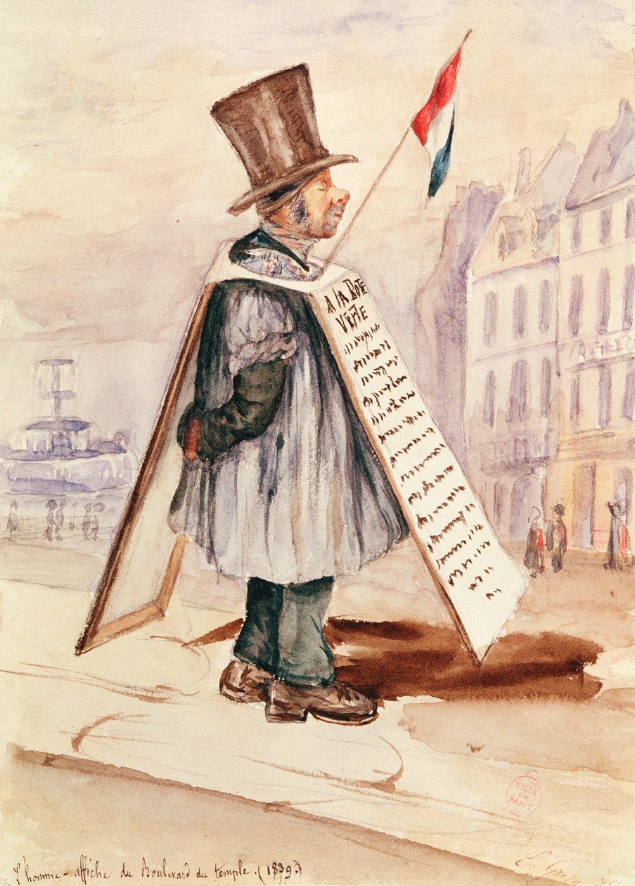 Człowiek z deską kanapkową, Boulevard du Temple, 1839 autorstwa French School