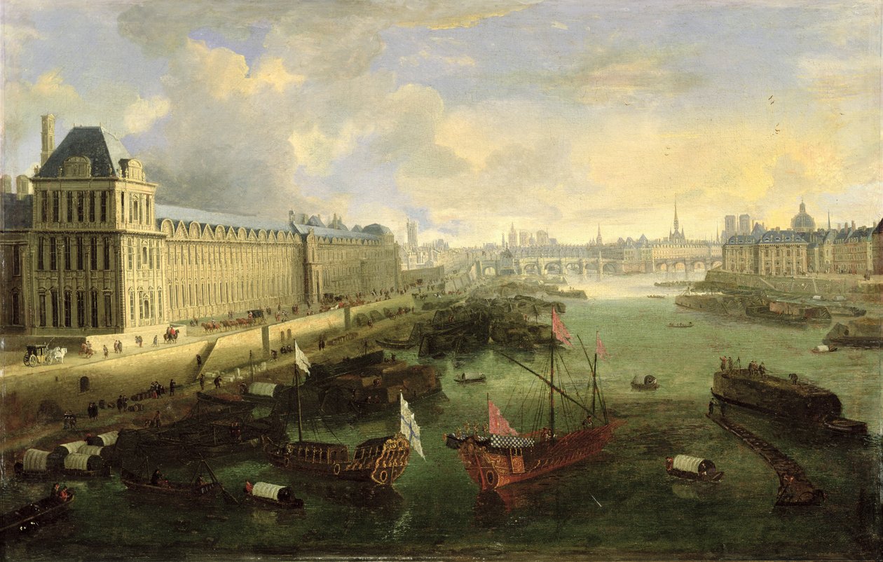 Sekwana oglądana z mostem Pont Neuf, Luwrem i College Mazarin, ok. 1675 r autorstwa French School