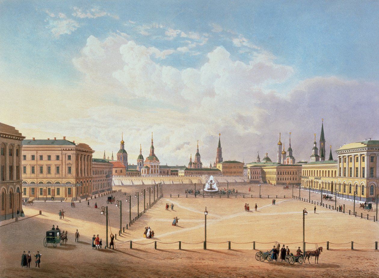 Plac Teatralny w Moskwie, wydrukowany przez Jacottet i Bachelier, lata 30. XIX wieku (litografia barwna) autorstwa French School