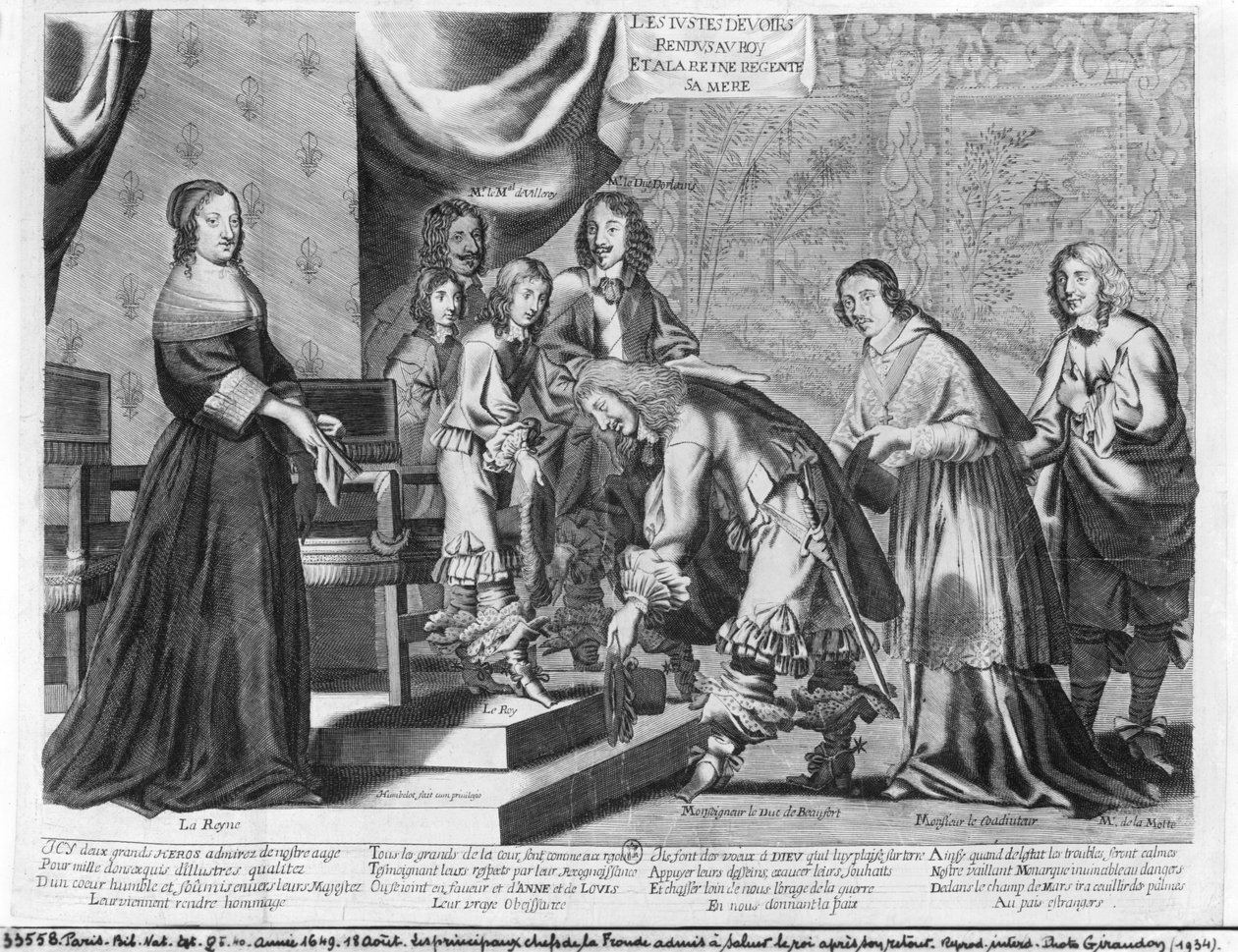 Naczelnicy Frondy przyznali się do powitania króla Ludwika XIV (1638-1715) po jego powrocie, 18 sierpnia 1649 r. autorstwa French School