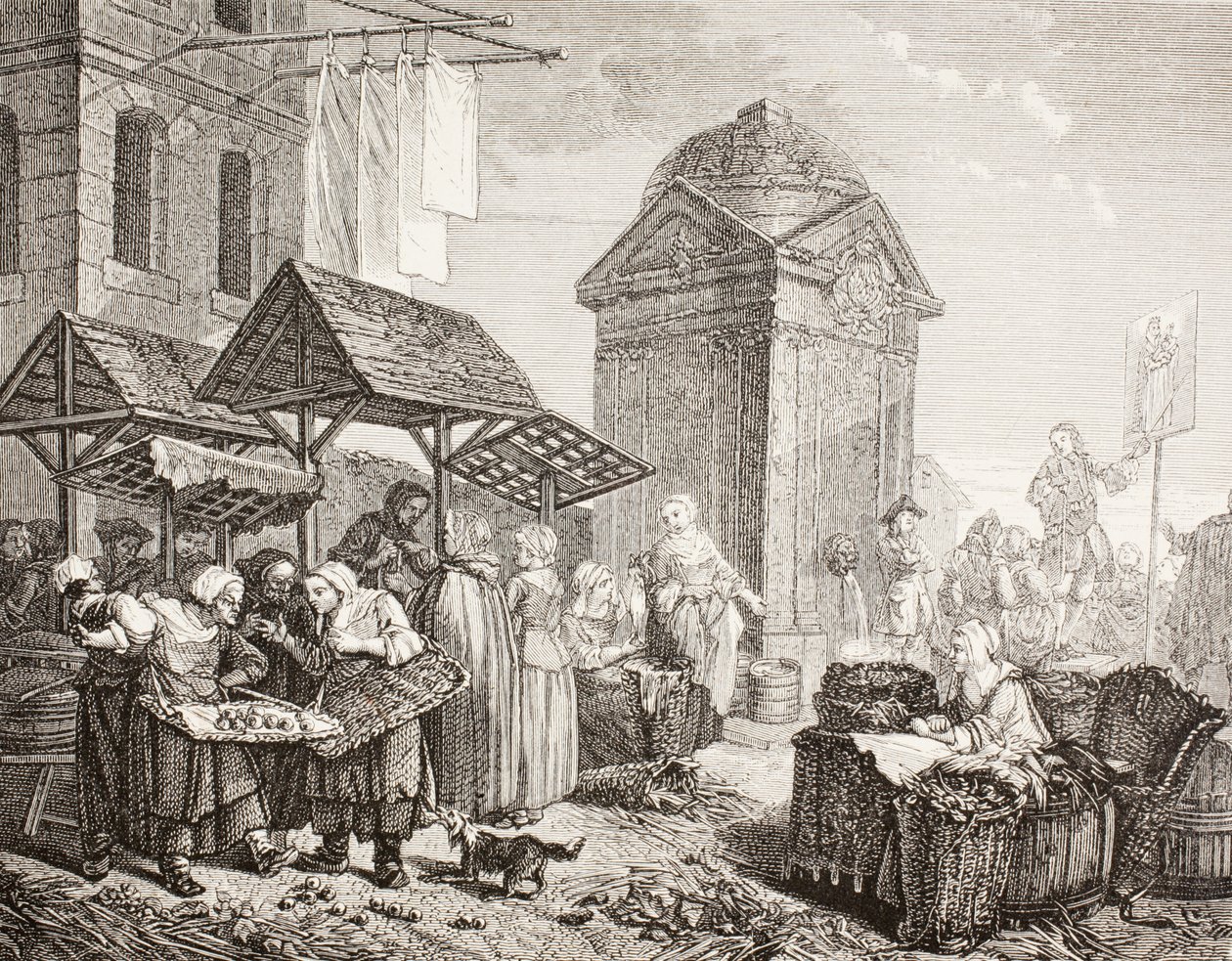 Rynek na Place Maubert w Paryżu, XVIII w., według pracy Jeaurat, z „XVIII Siecle Institutions, Usages et Costumes”, wydanej w 1875 r. autorstwa French School