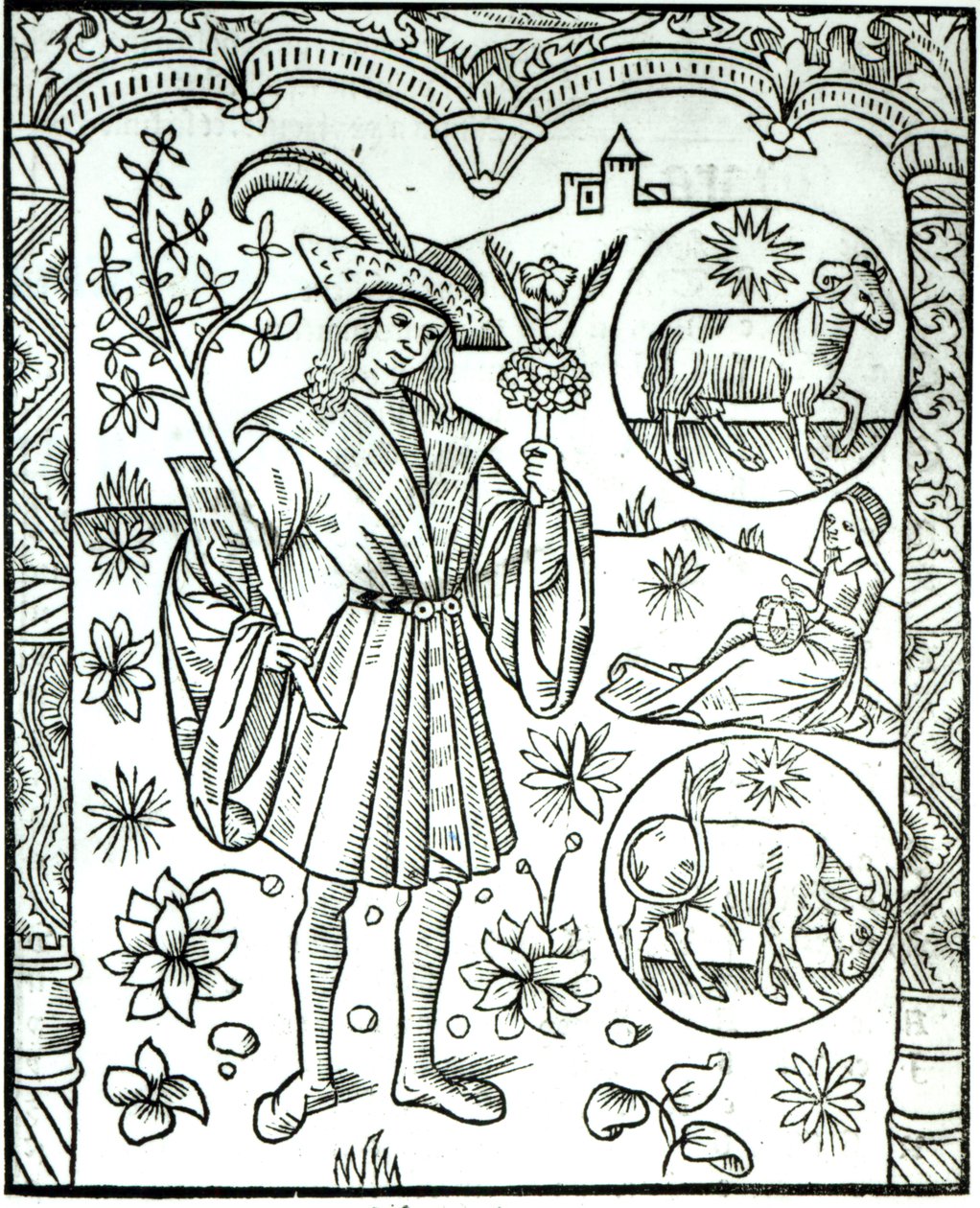 Miesiąc kwiecień ze związanymi z nim astrologicznymi znakami słonecznymi Barana i Byka autorstwa French School