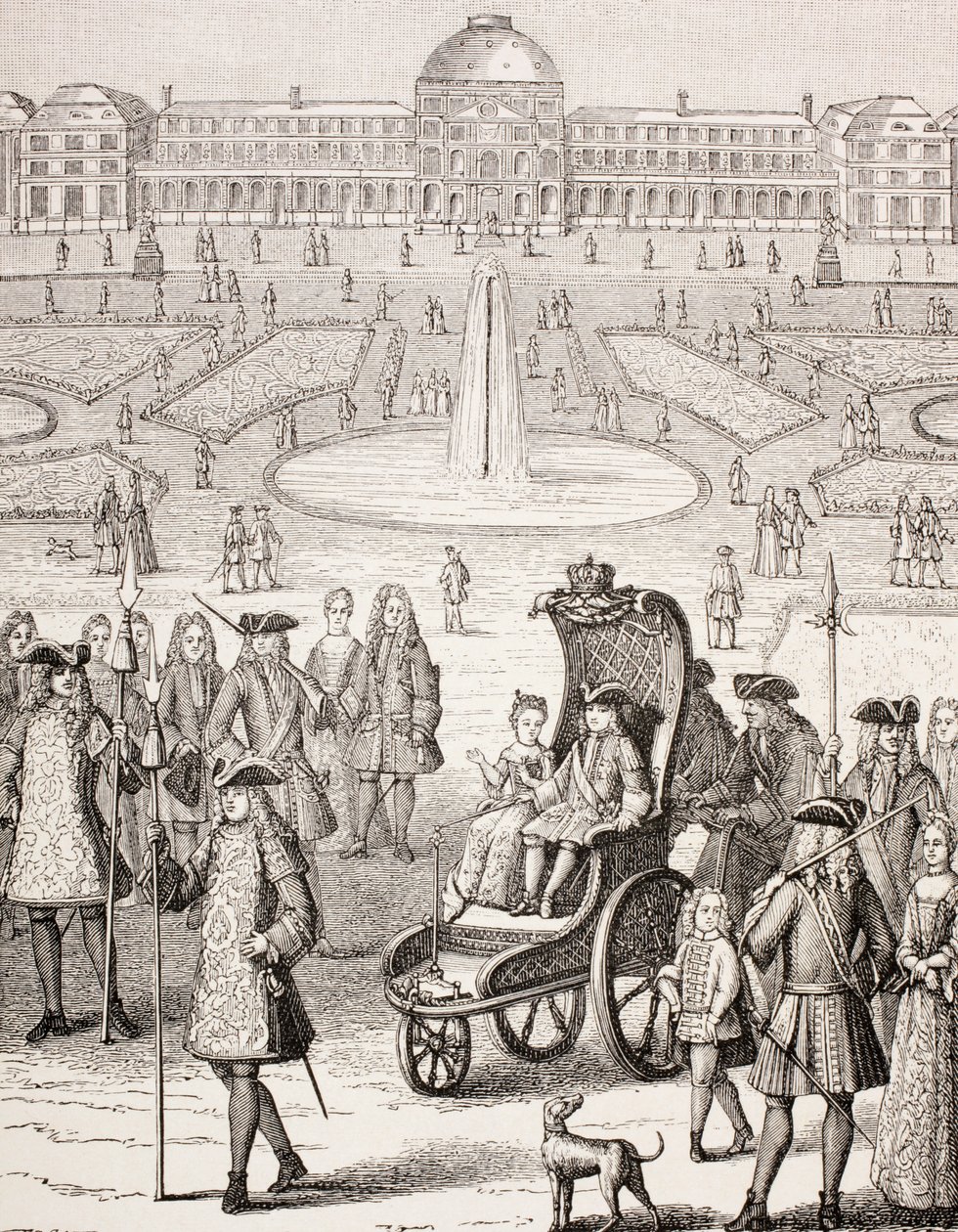 Młody król Ludwik XV spacerujący powozem w Ogrodach Tuileries w Paryżu, z „XVIII Siecle Institutions, Usages et Costumes”, opublikowanej w 1875 r. autorstwa French School