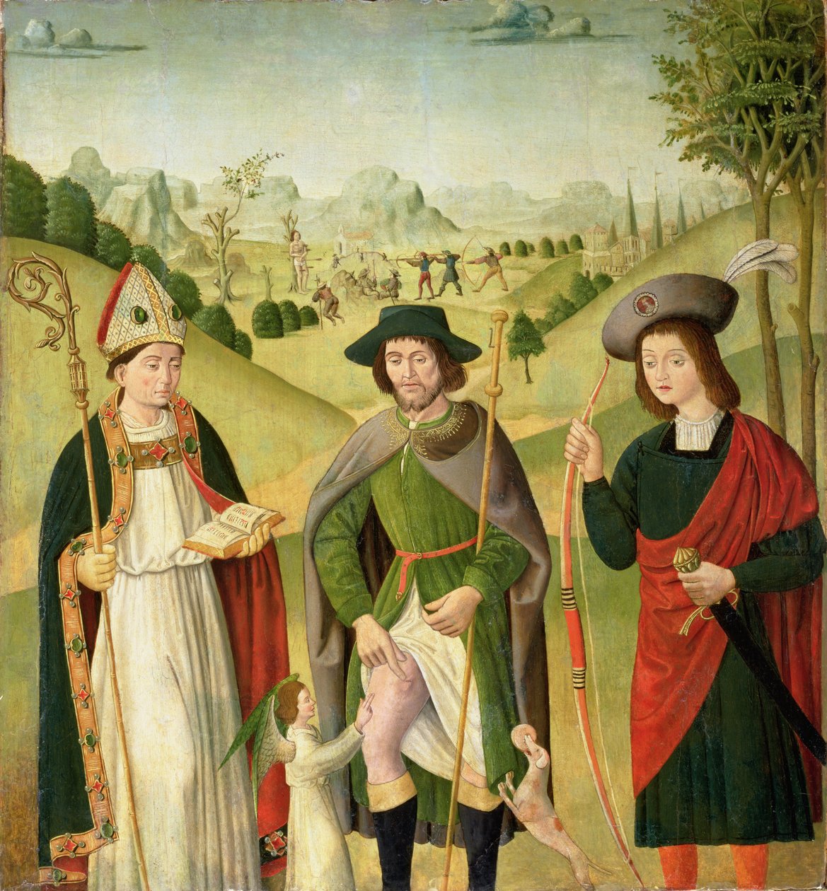 Trzej święci: św. biskup, św. Roch i św. Sebastian, ok. 1460-80 autorstwa French School