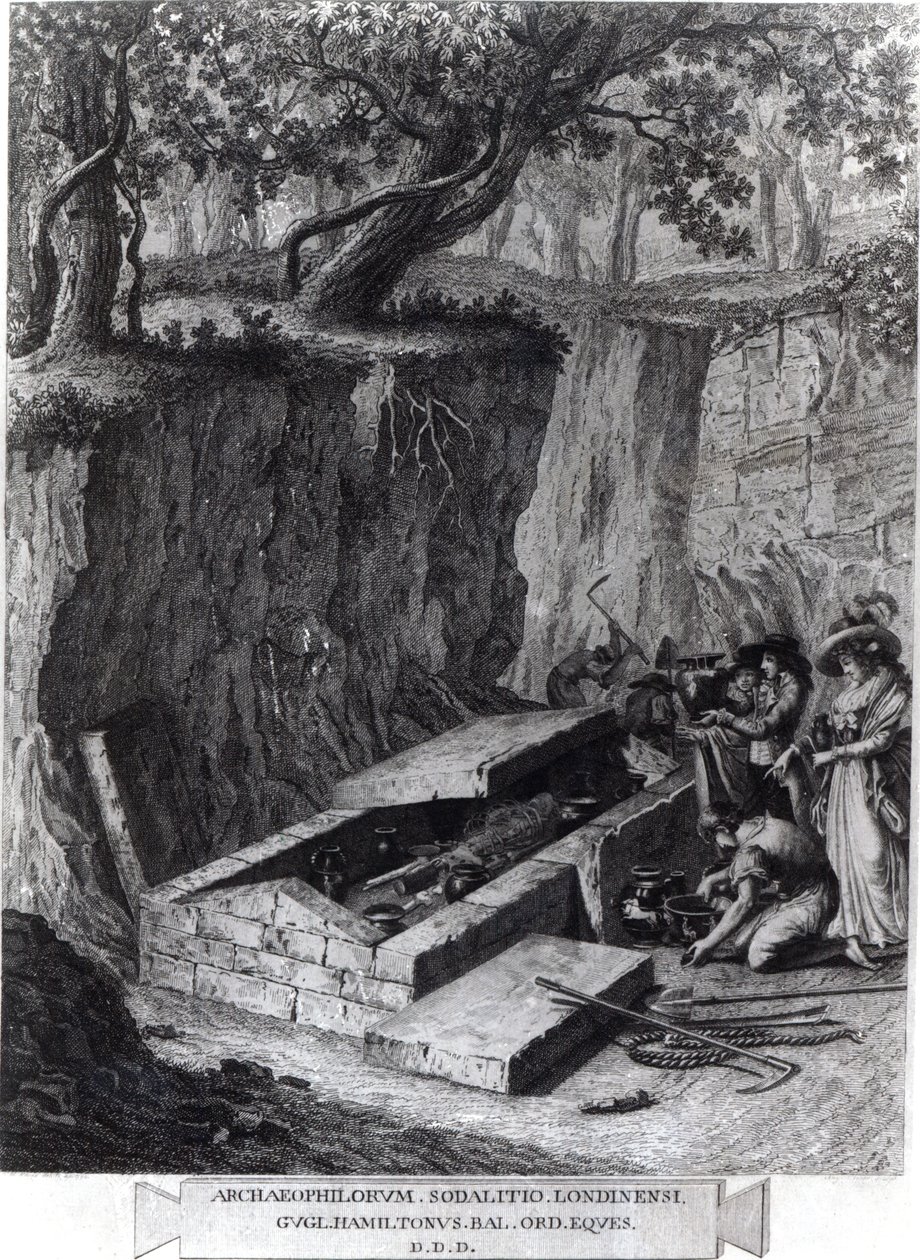 Turyści oglądający otwarcie starożytnego grobowca, ok. 1766 r. autorstwa French School