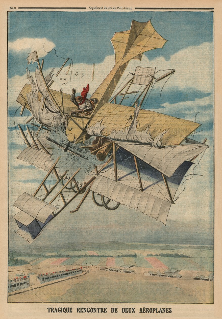 Tragiczne zderzenie dwóch samolotów, ilustracja na tylnej okładce z „Le Petit Journal”, dodatek ilustr., 6 lipca 1913 autorstwa French School