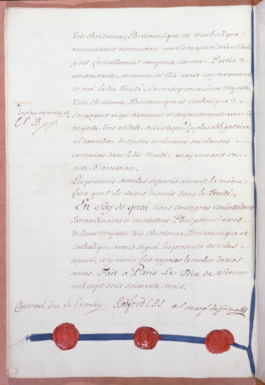Traktat paryski kończący wojnę siedmioletnią, podpisany przez Francję, Wielką Brytanię i Hiszpanię 10 lutego 1763 r. autorstwa French School