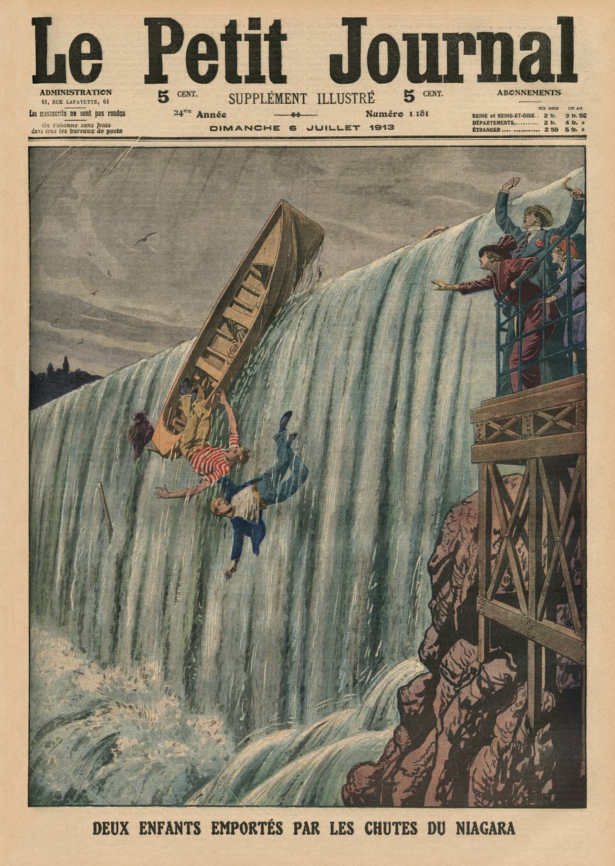 Dwoje dzieci niesionych nad wodospadem Niagara, ilustracja na okładce z „Le Petit Journal”, dodatek illustre, 6 lipca 1913 autorstwa French School