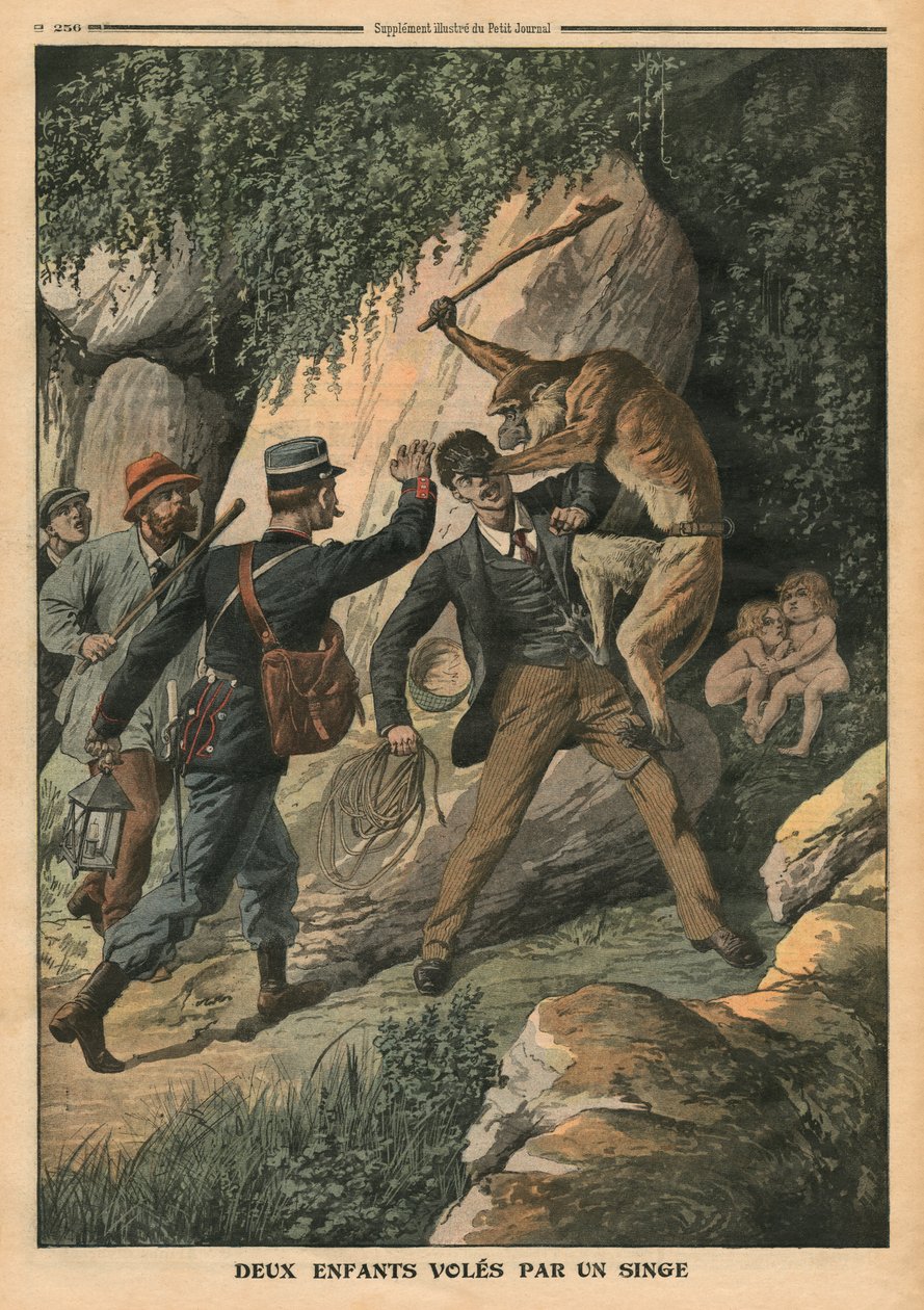 Dwoje dzieci ukradzionych przez małpkę, ilustracja z „Le Petit Journal”, dodatek ilustr., 7 sierpnia 1910 autorstwa French School