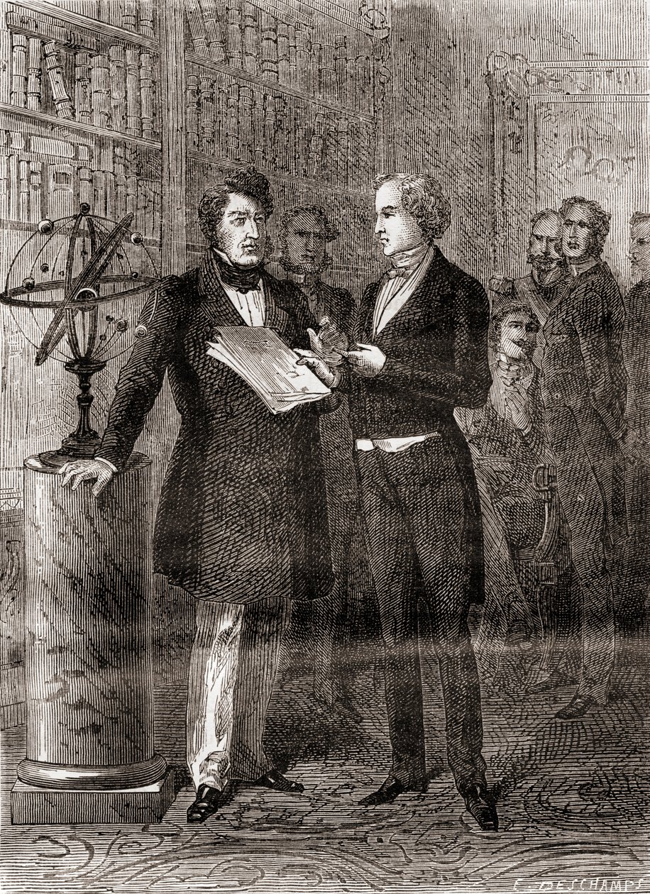 Urbain Jean Joseph Le Verrier, po prawej, przyjęty przez króla Ludwika Filipa, po lewej, w The Tuileries, Paryż, Francja, po odkryciu planety Neptun w 1846, z Les Merveilles de la Science, wyd. autorstwa French School