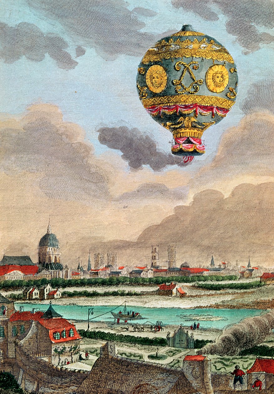 Widok z tarasu Monsieur Franklin na Passy pierwszego lotu pod kierunkiem Monsieur de Montgolfier, 21 listopada 1783 autorstwa French School