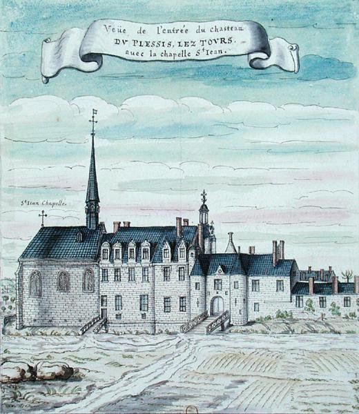 Widok na Chateau de Plessis-les-Tours i kaplicę św. autorstwa French School