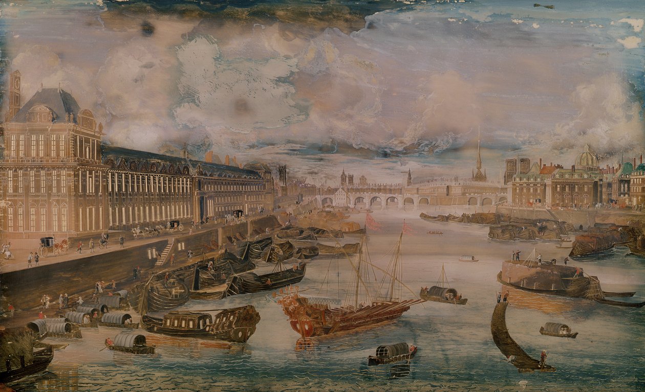 Widok na Sekwanę, Grande Galerie Luwru i College des Quatre Nations, c.1680 autorstwa French School