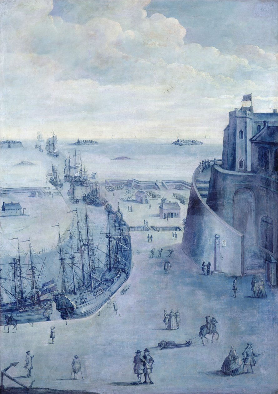 Widok na port w Dunkierce i zamek Dame de Cassel autorstwa French School