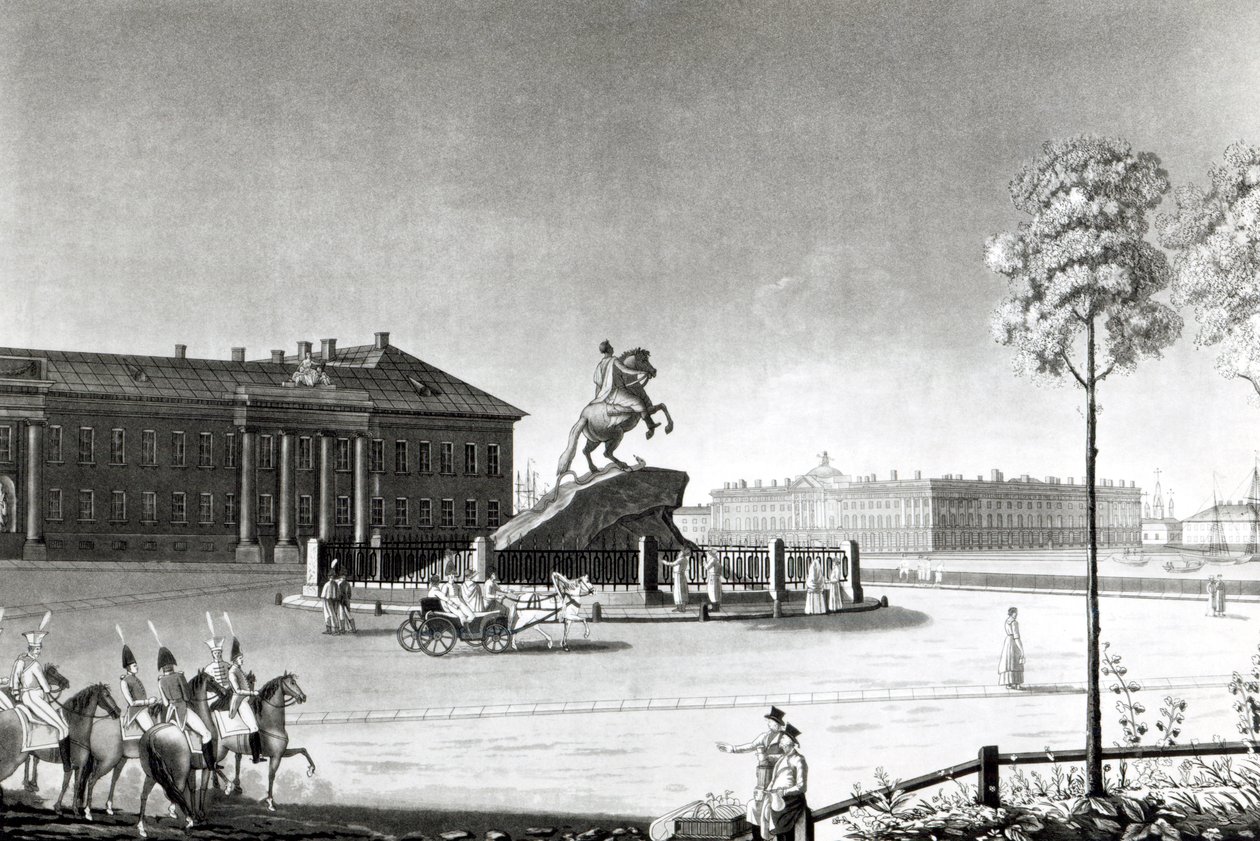 Widok na pomnik Piotra Wielkiego na Placu Senackim, St.Petersburg autorstwa French School