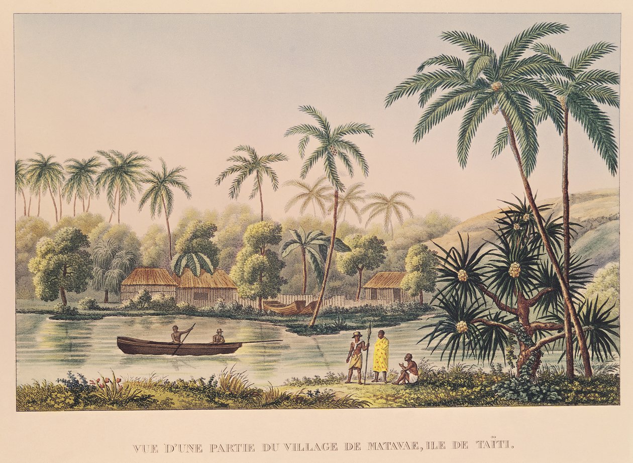 Wioska Matavae, Tahiti, ilustracja z „Podróży dookoła świata na Corvette Coquille” porucznika Louisa Isodore Duperreya autorstwa French School