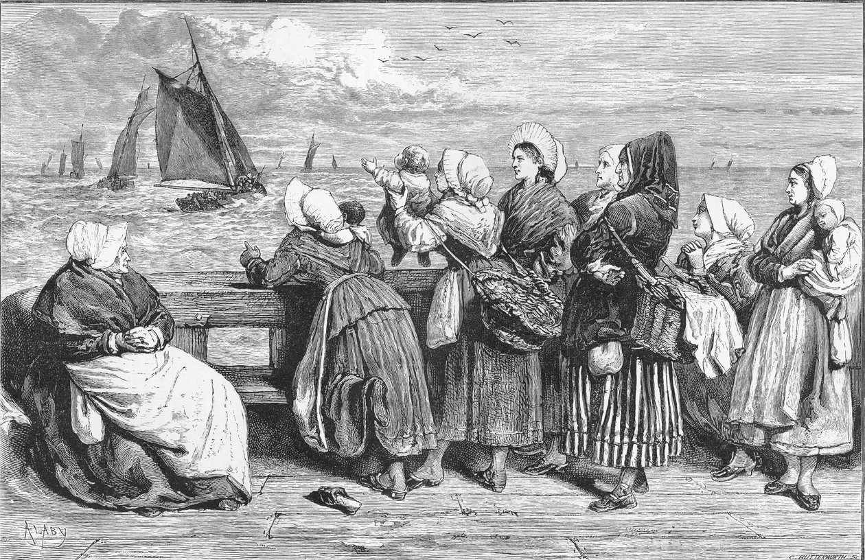 Czekając na łodzie, naszkicowany w pobliżu Boulogne, opublikowany w „The Illustrated London News”, 1868 autorstwa French School