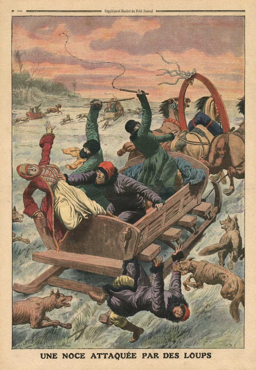 Wesele zaatakowane przez wilki, ilustracja z „Le Petit Journal”, 19 marca 1911 autorstwa French School