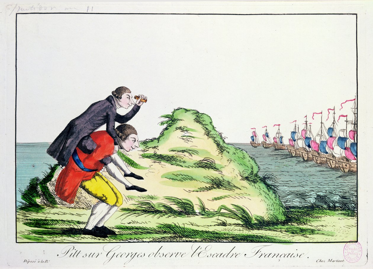 William Pitt Młodszy (1759-1806) jadący na grzbiecie Jerzego III (1738-1820) Obserwacja eskadry francuskiej, 1803 autorstwa French School